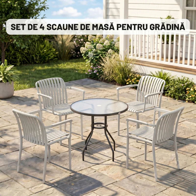 Outsunny Set de 4 Scaune de Grădină Stackabile, Design Lamelar și Cotiere.