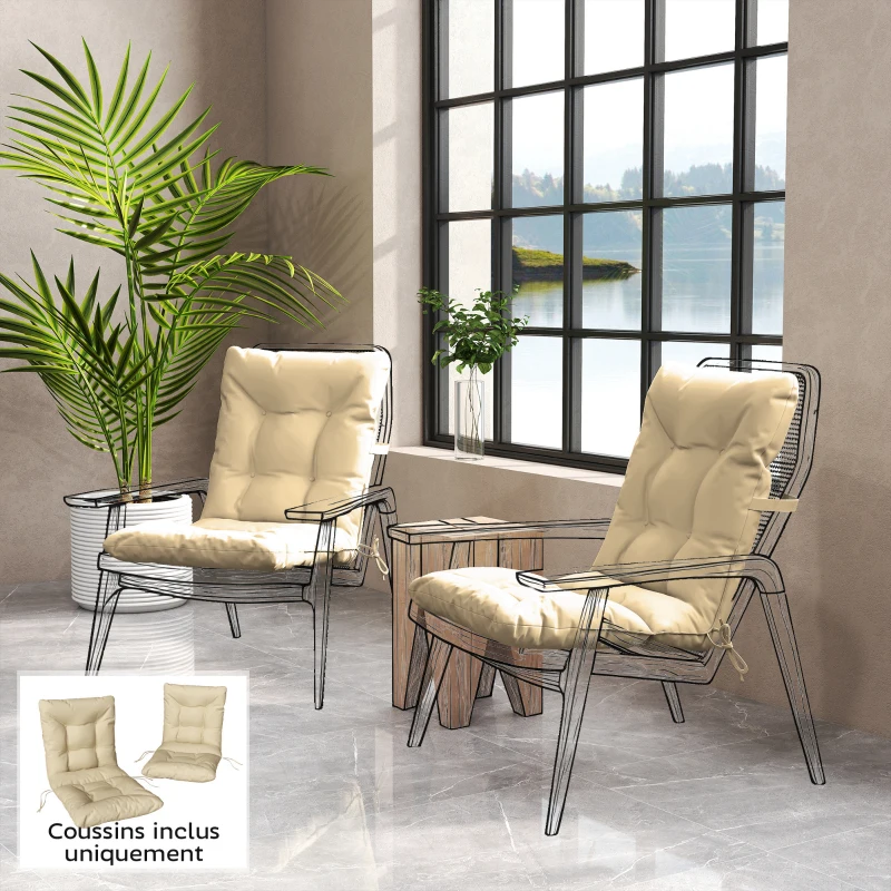Outsunny Lot de 2 coussins de chaise d'extérieur, coussins de jardin avec attaches, intérieur et extérieur, 120 x 50 x 8 cm, beige