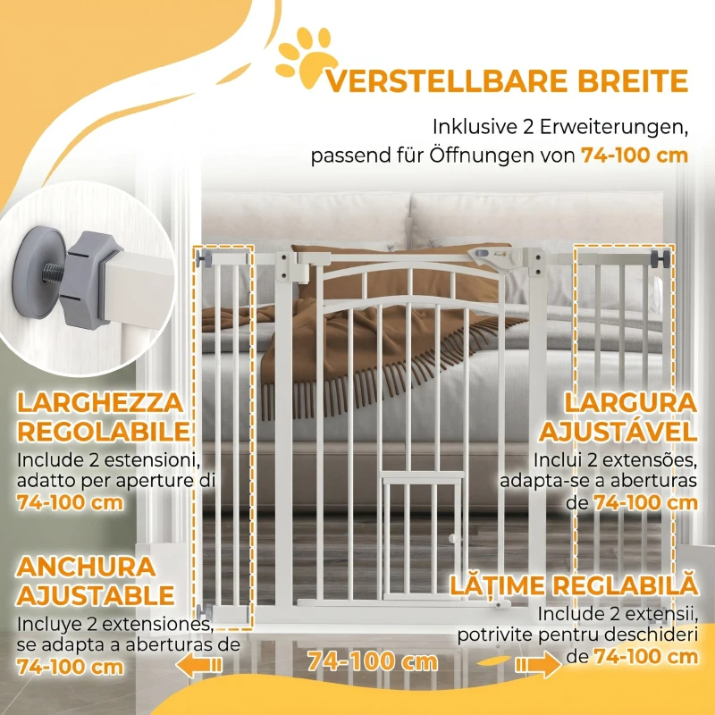 PawHut Uşa de Siguranţă pentru Câini, Barieră pentru Animale de Companie cu Ușă Mică pentru Pisici, 74-100x76 cm, Alb