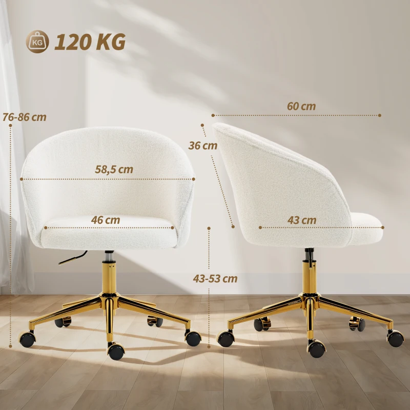 HOMCOM Chaise de bureau, fauteuil de bureau ergonomique réglable en hauteur, siège pivotante, piètement en acier, crème