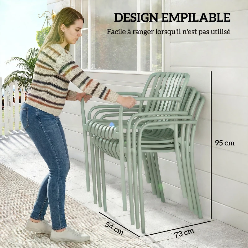 Outsunny Lot de 4 Chaises de Jardin Empilables en Polypropylène Anti-UV Accoudoirs et Dossier à Lattes Ergonomique Gris Vert