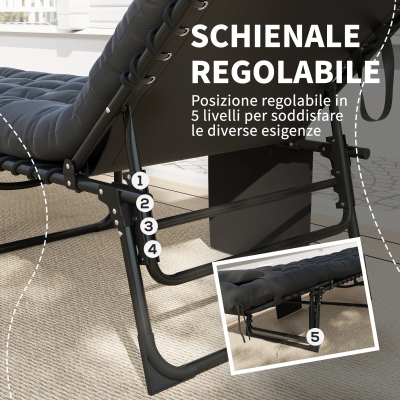 Outsunny Lettino Prendisole Pieghevole con Cuscino, Poggiatesta e Tasca Laterale, 58x189x32.5 cm, Nero