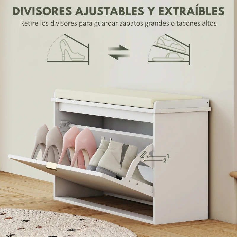 HOMCOM Banco Zapatero con Asiento Acolchado Cajón Abatible y Estante Ajustable para Entrada o Dormitorio 80x26x47,5 cm Blanco