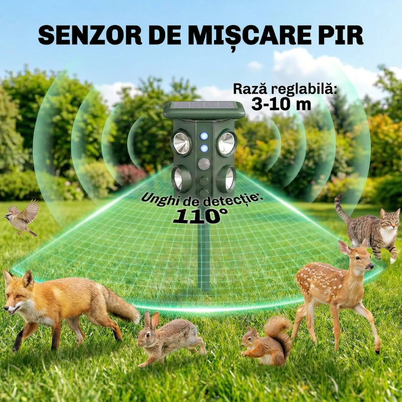 Outsunny Repelent cu Ultrasunete pentru Pisici cu Bliț Led, 15x11x13 cm, Verde