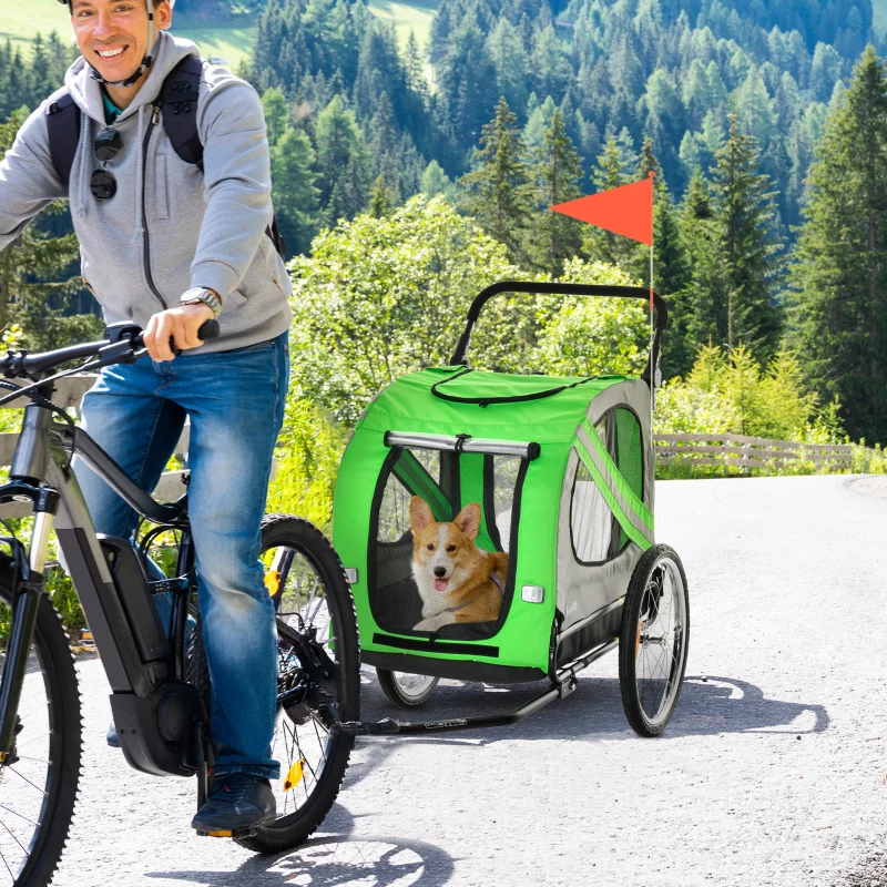 PawHut Rimorchio Bici e Passeggino per Cani 2 in 1 in Acciaio e Tessuto Oxford con Catarifrangenti, Verde