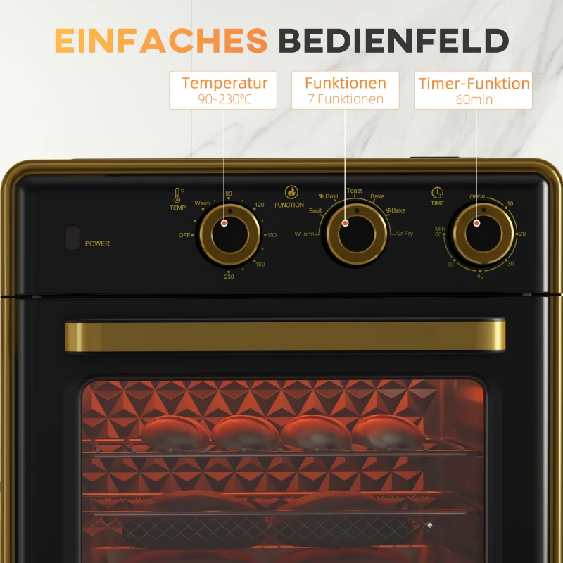 HOMCOM Mini-Backofen, 20 Liter, ölfreies Frittieren, Grillen, Backen, Umluft, 90-230° C, Timer, 1400W, schwarz+gold