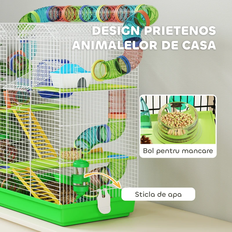 PawHut Cușcă pentru Hamsteri și Rozătoare Mici cu 5 Niveluri, Tubi Colorati, Roată, Căsuță și Accesorii Incluse, 47x30x59 cm, Verde
