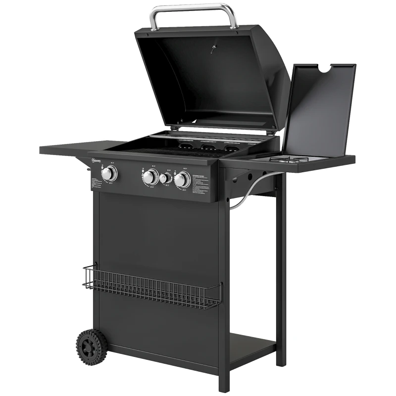 Outsunny Barbecue gaz 3+1 brûleurs en acier, puissance 9,5 kW, barbecue de jardin 2 grilles étagères latérales, 2 roues, noir