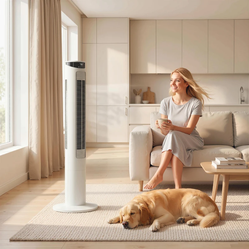 HOMCOM Tower Fan with WiFi Control Standing Floor Fan with Remote Control 116 cm White