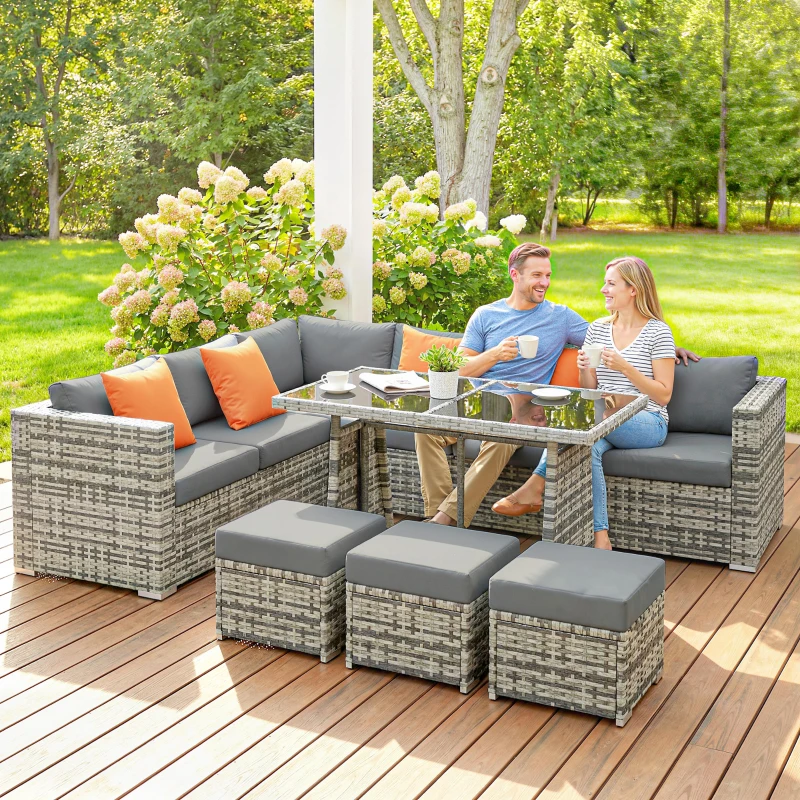 Outsunny 10 Piece Rattan Garden Furniture Set, 3 Corner Sofas with 3 Chairs, 3 Stools and Coffee Table, Outdoor Patio Furniture