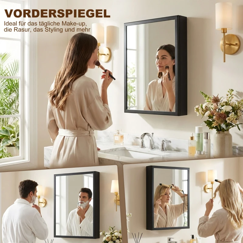 kleankin Spiegelschrank, Badschrank, 3 Regalfächer, Edelstahl, 40x12x60cm, Schwarz