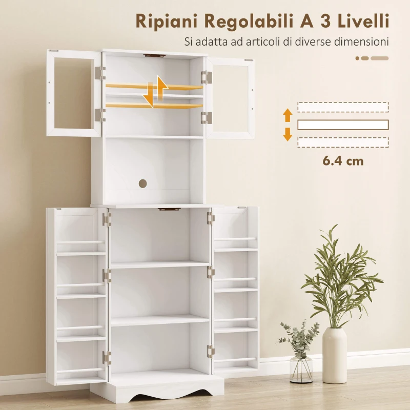 HOMCOM Mobile Dispensa Cucina con 2 Armadietti e 8 Ripiani, in Legno e Acrilico, 60x39.5x179.6 cm, Bianco