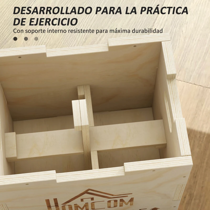 HOMCOM Cajón Pliométrico de Madera 3 en 1 con 2 Mango Hueco para Casa Oficina Gimnasia 40,5x35,5x30,5 cm Madera Natural