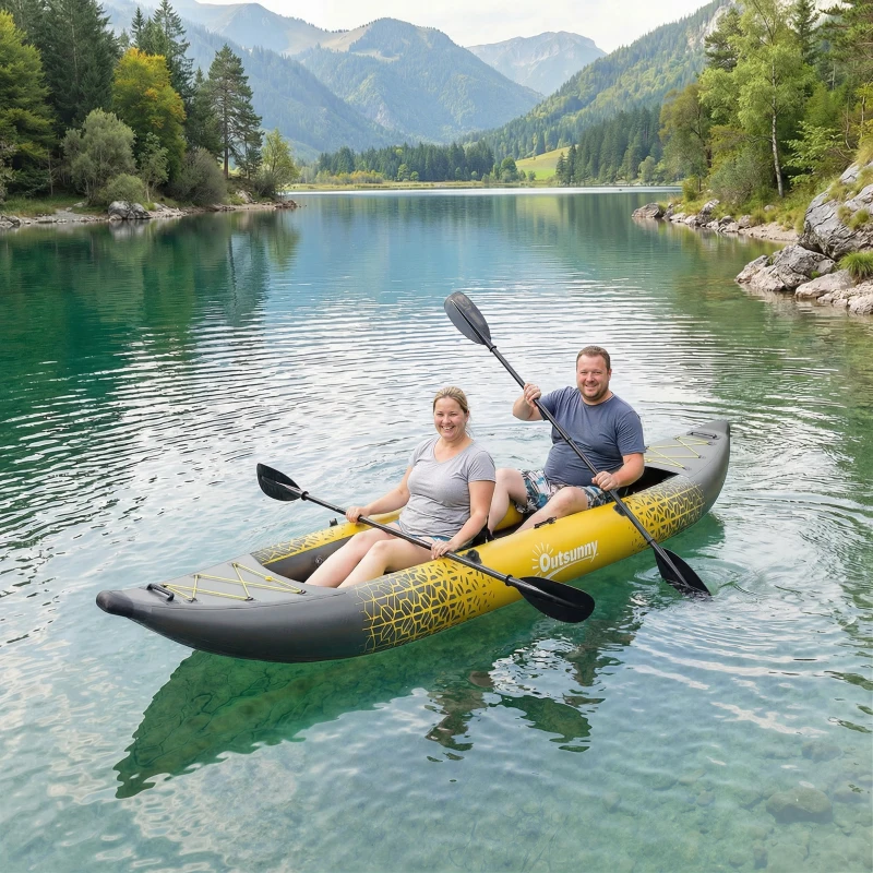 Outsunny 12.5' Inflatable Kayak Set, 2-person Sit on Canoe with Aluminium Oars, Grey and Yellow