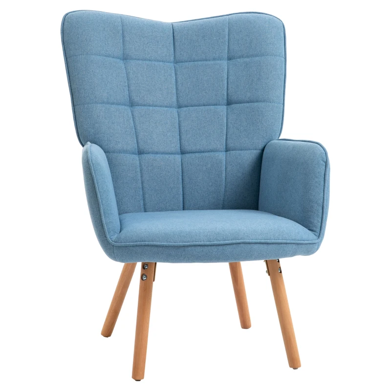 HOMCOM Sillón Individual con Respaldo Alto Reposabrazos Tela de Lino y Patas de Madera para Comedor Cocina 71x76x101cm Azul
