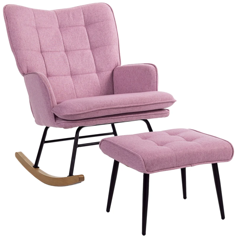HOMCOM Silla Mecedora con Reposapiés con Cojín Acolchado Reposabrazos Respaldo Alto Patas de Madera Carga 130 kg Rosa