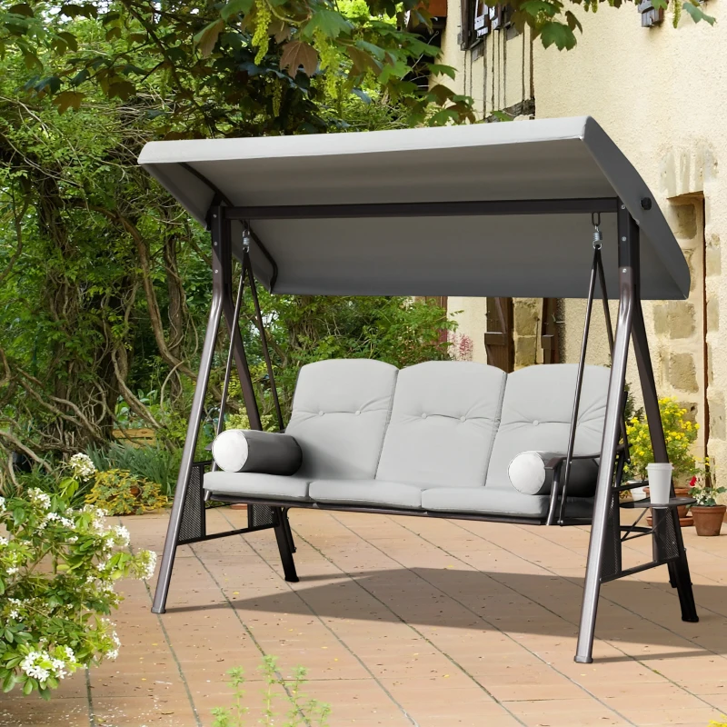 Outsunny Columpio de Jardín de 3 Plazas con Estructura Metálica Toldo y Bandeja para Bebidas para Exterior 116x206x183 cm Gris
