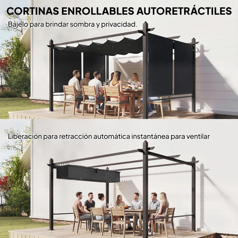 Outsunny Pérgola de Jardín 4x3 m con Cortinas Enrollables Automáticas y Techo Retráctil Cenador de Jardín con UPF50+ Gris Oscuro