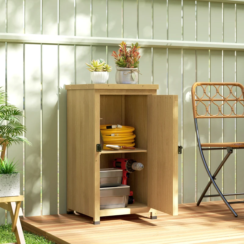 Outsunny Wooden Garden Shed, Garden Tool Storage Shed with Metal Top and Shelf, Light Brown