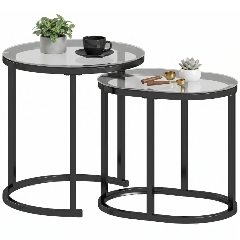HOMCOM Nest of Tables with Steel Frame and Tempered Glass Tabletop, Modern Coffee Table Set of 2, Black