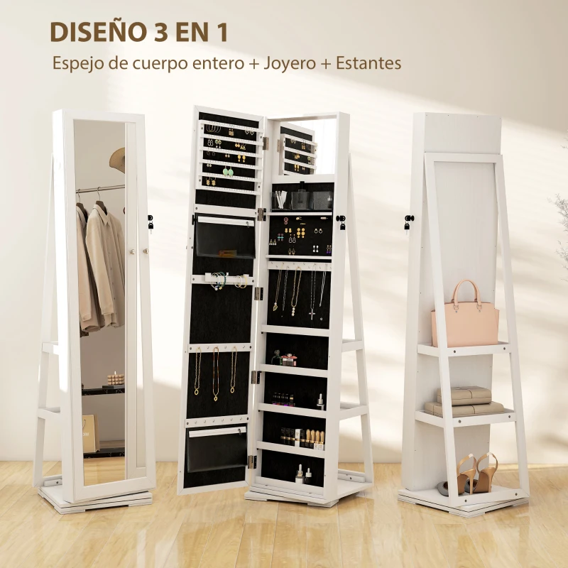 HOMCOM Espejo Joyero Giratorio 360° Organizador de Joyas con Cerradura y Espejo Pequeño Incorporado 38x38x160 cm Blanco Veteado
