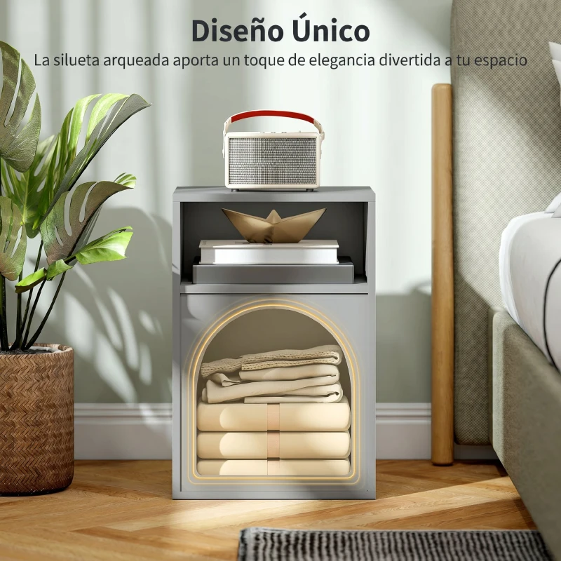 HOMCOM Mesilla de Noche Estrecha con 2 Compartimentos Abiertos Diseño en Forma de Arco 40x30x60 cm Gris