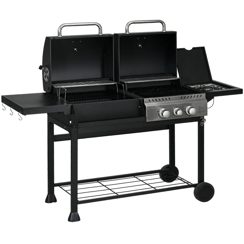 Outsunny Gasgrill BBQ-Grill, inkl. Thermometer, Warmhalteplatten, 161 x 54 x 103 cm, Schwarz + Silber