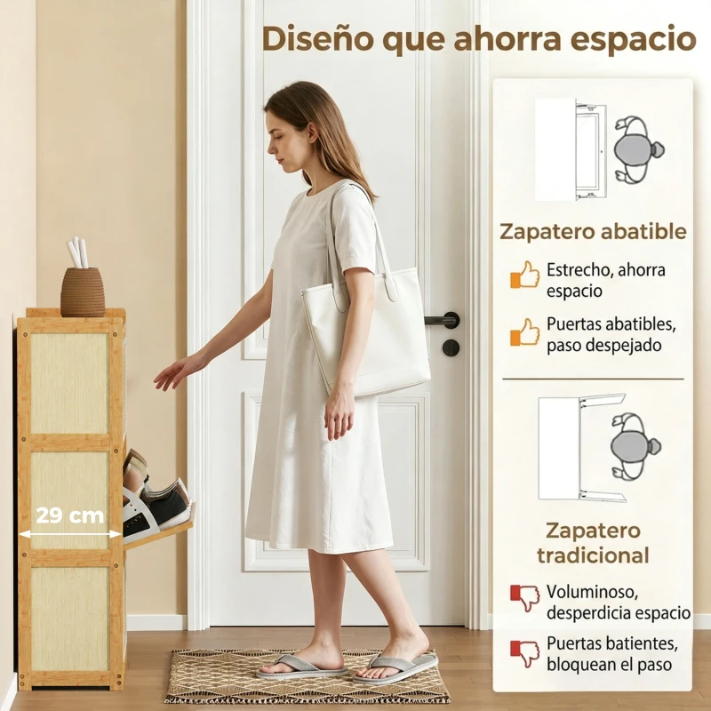 HOMCOM Zapatero Estrecho de Bambú con 3 Cajones Abatibles de Ratán para 18-21 Pares de Zapatos 69x29x119,8 cm Natural
