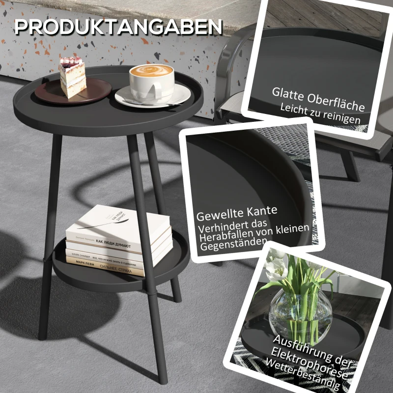 Outsunny Beistelltisch Garten Zweistufig Gartentisch mit erhöhten Kanten runder Balkontisch Ø32 x 51H cm