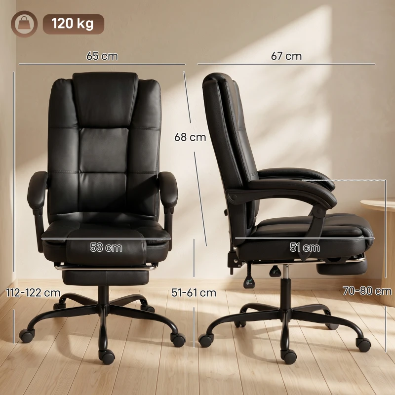 HOMCOM Scaun Birou Ergonomic Reclinabil Rotativ din Piele PU cu Suport pentru Picioare, Înălțime Reglabilă, Negru