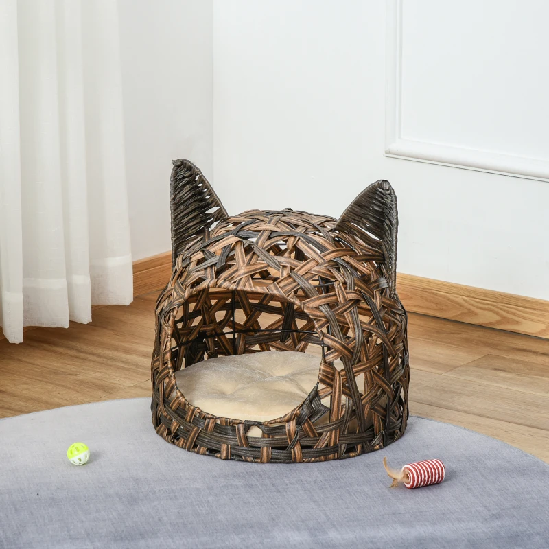 PawHut Cuccia per Gatti, Cesta per Gatti Adulti fino 4.5kg, Cesta in Vimini Sintetico a Forma di Gatto, Marrone