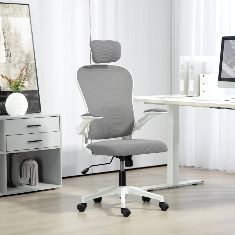 HOMCOM Executive Office Chair, Ergonomic Mesh High Back Desk Chair with Flip-up Armrest, Rotatable Headrest, Adjustable Lumbar Support for Home Study, Grey
