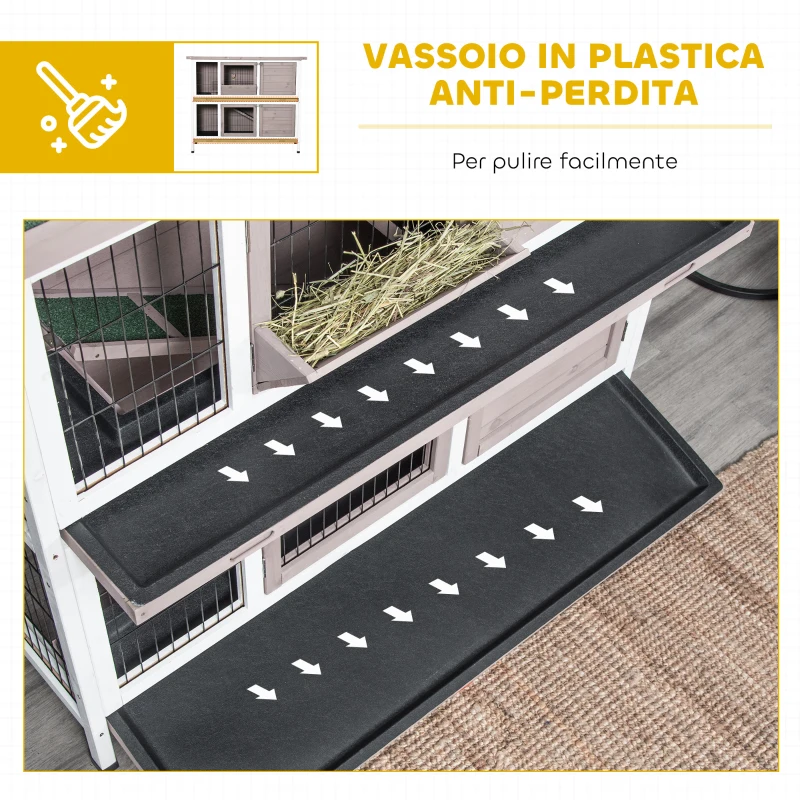 PawHut Conigliera in Legno a 2 livelli con Tetto Apribile, Mangiatoia e Vassoi Estraibili, 122x50x101 cm, Marrone