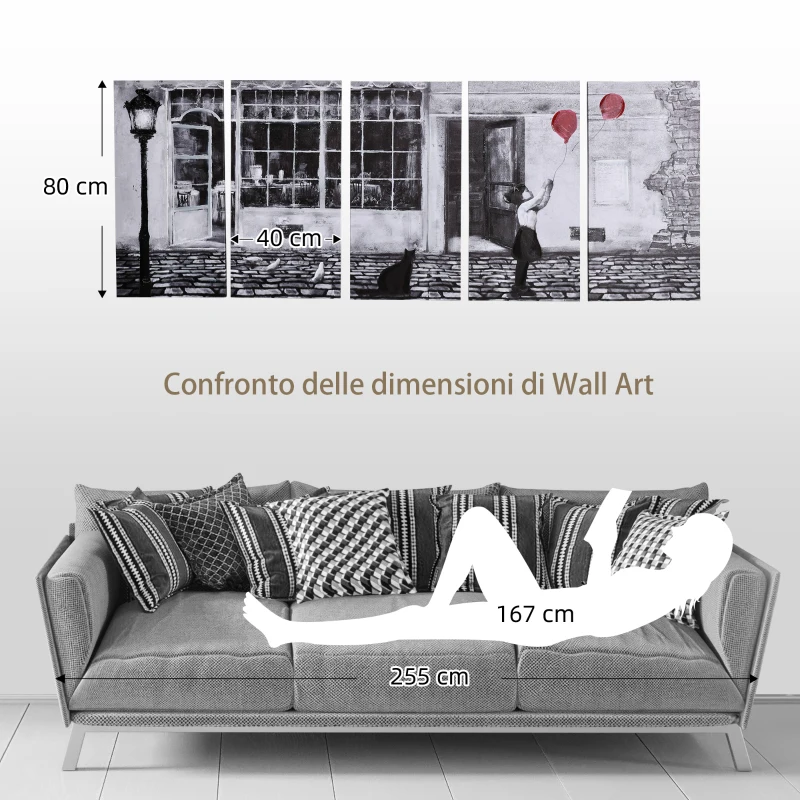 HOMCOM Stampa su Tela con Bambina, 80x40cm, 5 Pezzi per Casa e Ufficio, Tela in Legno di Pino e Vernice ad Acqua, Nero Bianco Rosso