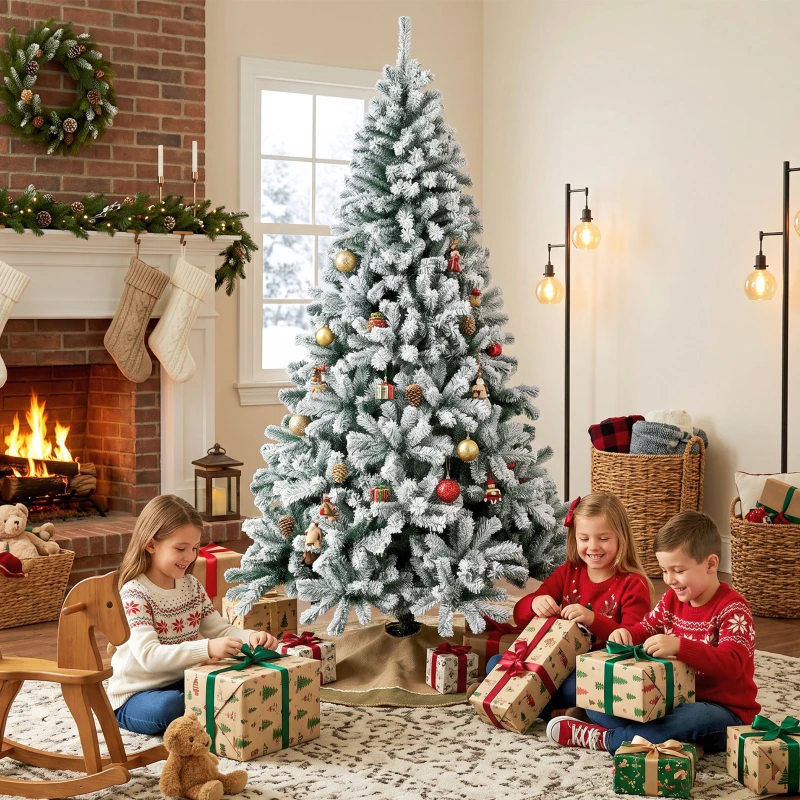 HOMCOM Árbol de Navidad Nevado de 220 cm con 1000 Puntas de PVC Ignífugo Ramas Articuladas Montaje Rápido Verde y Blanco