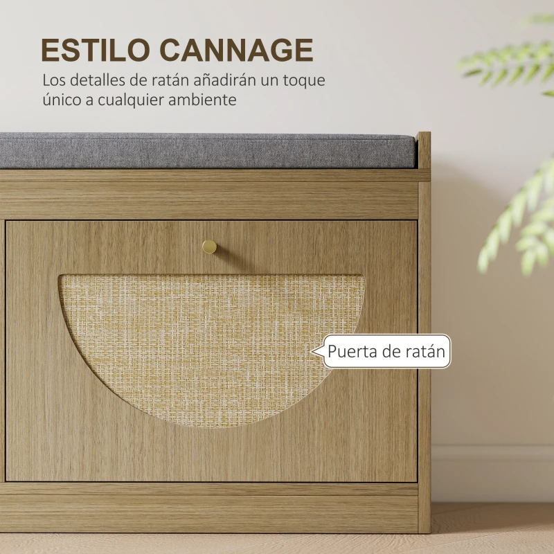 HOMCOM Banco Zapatero con Asiento Acolchado Puertas Frentes de Ratán Estante Ajustable para 8 Pares de Zapatos Natural