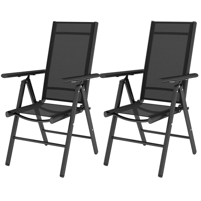 Outsunny Set of 2 Folding Garden Chairs, Aluminium Frame Outdoor Dining Chairs with Breathable Mesh Back and Seat, Garden Folding Chair Set with Armrests for Balcony, Black