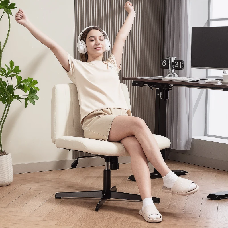 HOMCOM Homeoffice Stuhl höhenverstellbar Drehstuhl mit Leinenoptik Schneidersitz-Stuhl bis 120 kg belastbar, Cremeweiß