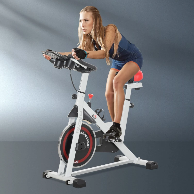 HOMCOM Vélo d'appartement avec écran LCD multifonctions vélo biking cardio-training selle et guidon réglables poids volant inertie 8 Kg acier blanc(m-10)