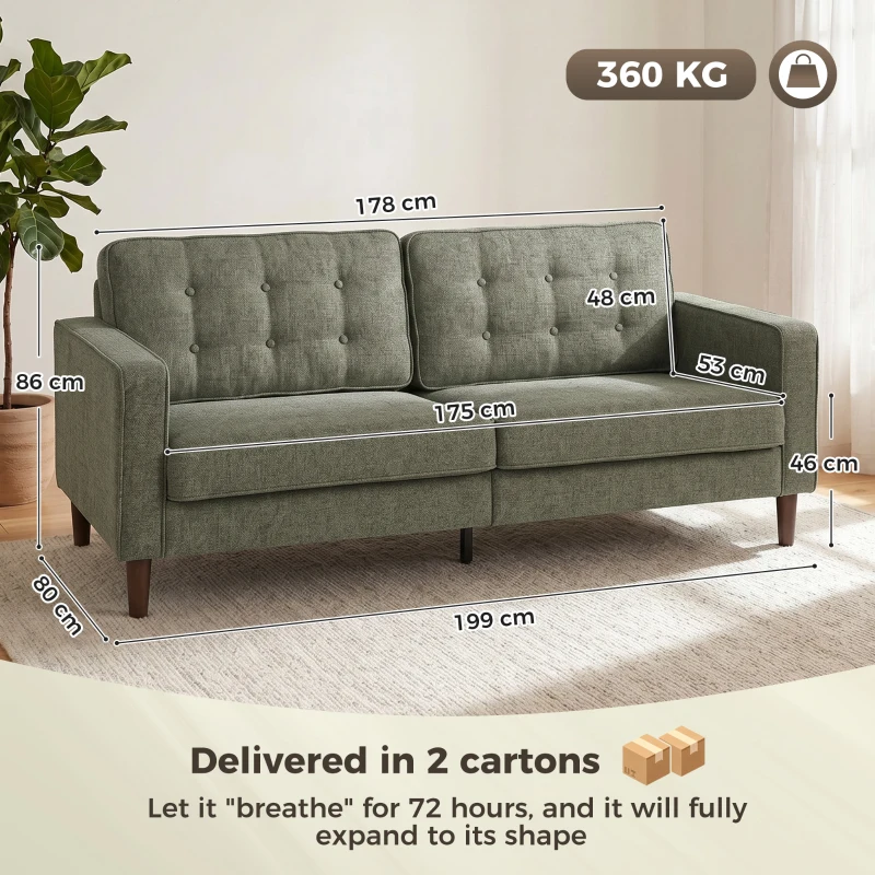 HOMCOM 3 Seater Sofa Button Tufted Upholstered Couch with Wood Legs for Living Room, Green