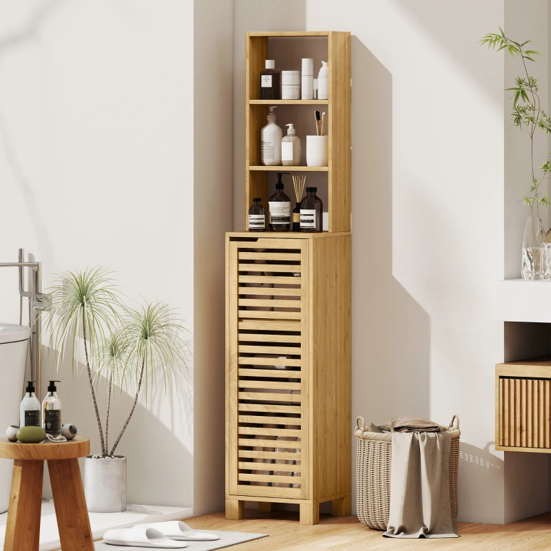 HOMCOM Armario de Baño Alto de Bambú Estrecha con 3 Estantes Abiertos Puerta de Lamas Baldas Ajustables 34x30x170 cm Natural