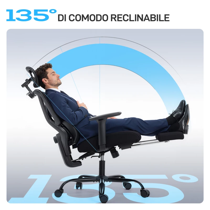 HOMCOM Sedia da Ufficio Ergonomica e Traspirante con Supporto Lombare Dinamico e Poggiapiedi, 73x75x120-128 cm, Nero