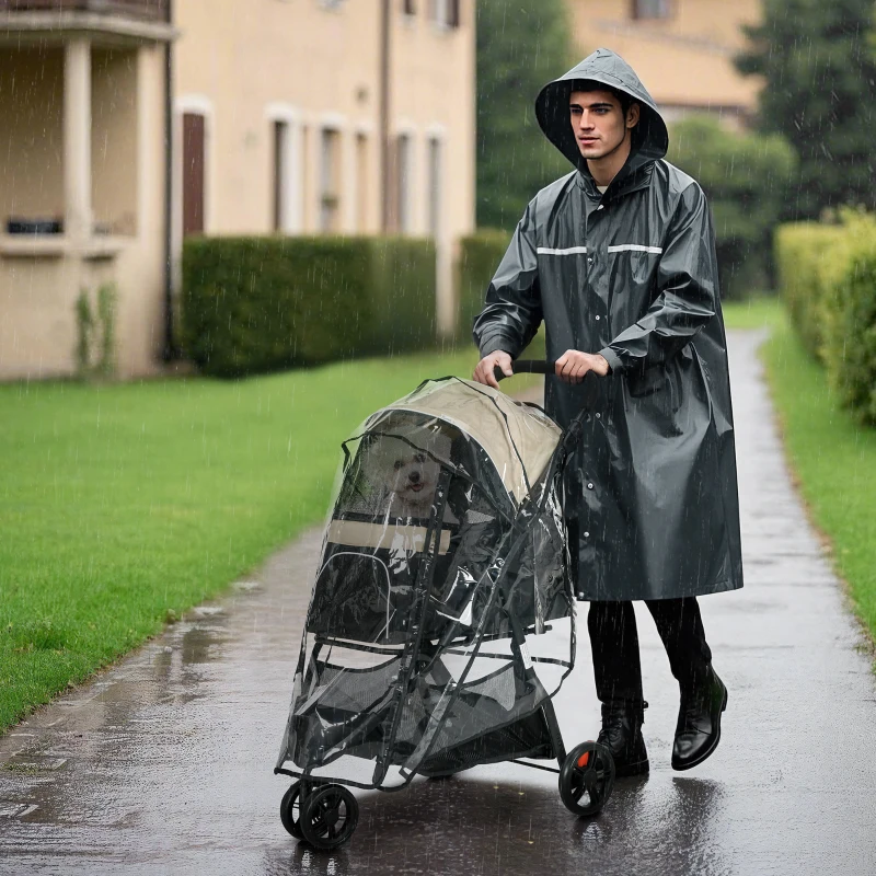 PawHut Passeggino per Cani Piccoli Pieghevole a 3 Ruote con Copertura Antipioggia e Cestino, Cachi
