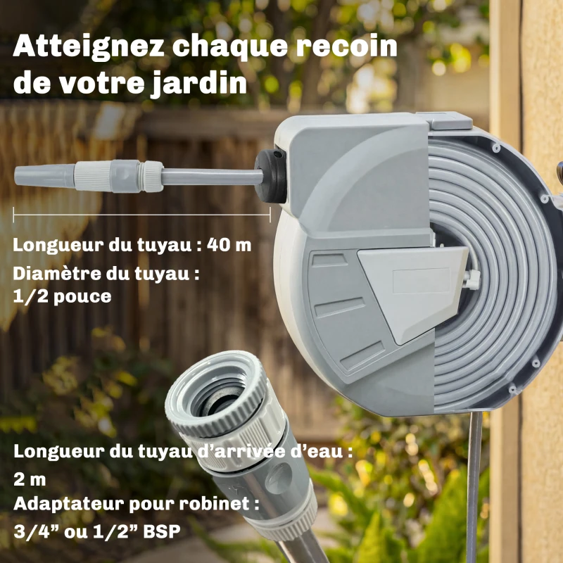 Outsunny Enrouleur Tuyau Arrosage Mural 40+2 m x Ø 15mm, Dévidoir de Tuyaux d'Eau Rétractable Automatique Pivotant à 180°, Gris