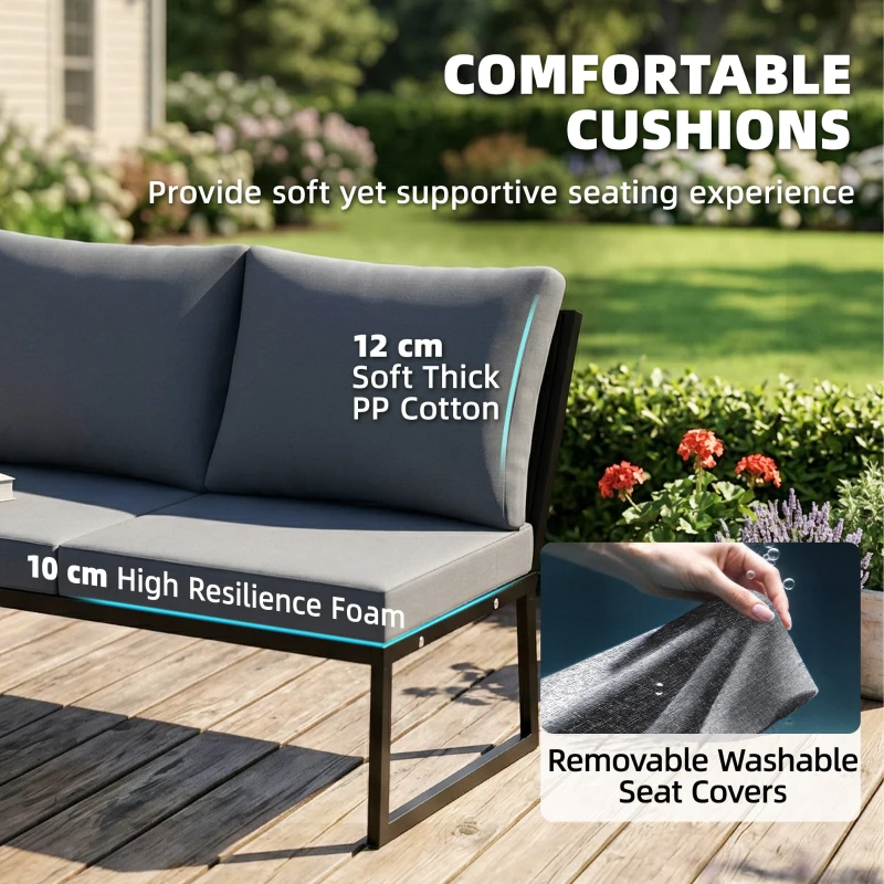 Outsunny 4 Seater Metal Garden Furniture Set, Corner Garden Sofa Set with 2 Loveseats, 2 Nesting Tables, Arm Side Trays, Teak