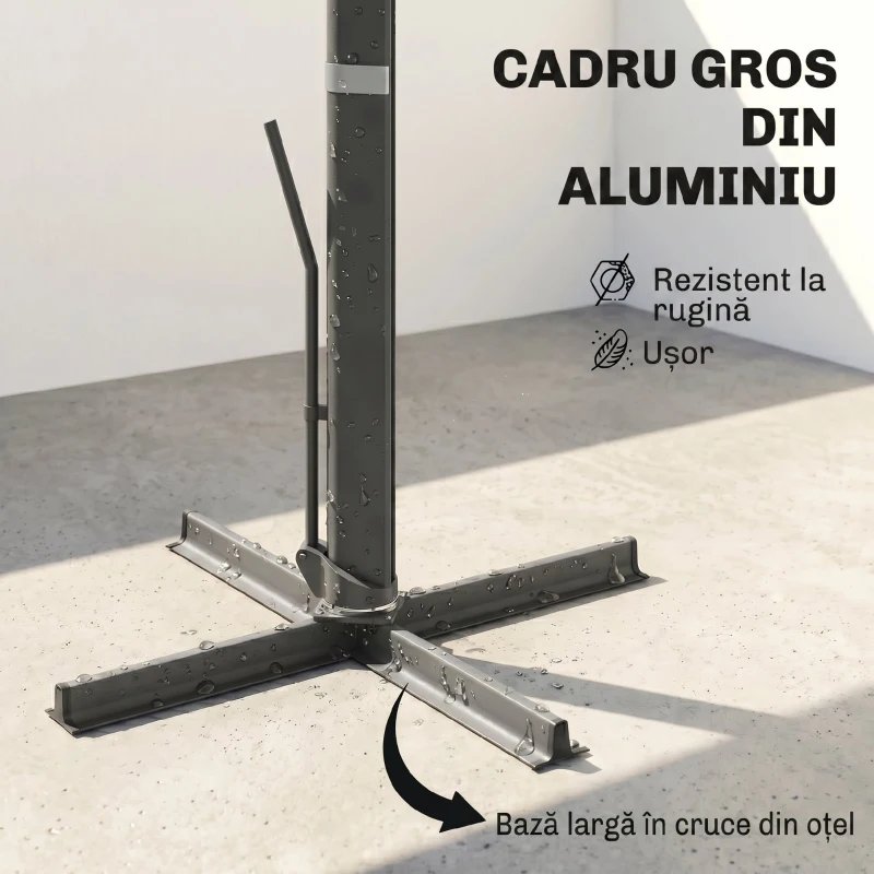 Outsunny Umbrelă Suspendată cu manivelă și bază în cruce, din poliester, aluminiu și metal, 365x297x256 cm, gri deschis