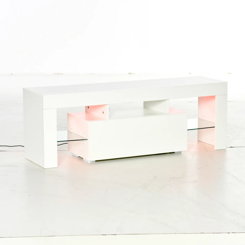 HOMCOM Mueble de TV Moderno Mesa para TV de Salón para Televisión con Luces LED con Mando a Distancia Estantes de Cristal Ajustables y Cajón 130x35x45 cm Blanco Brillante