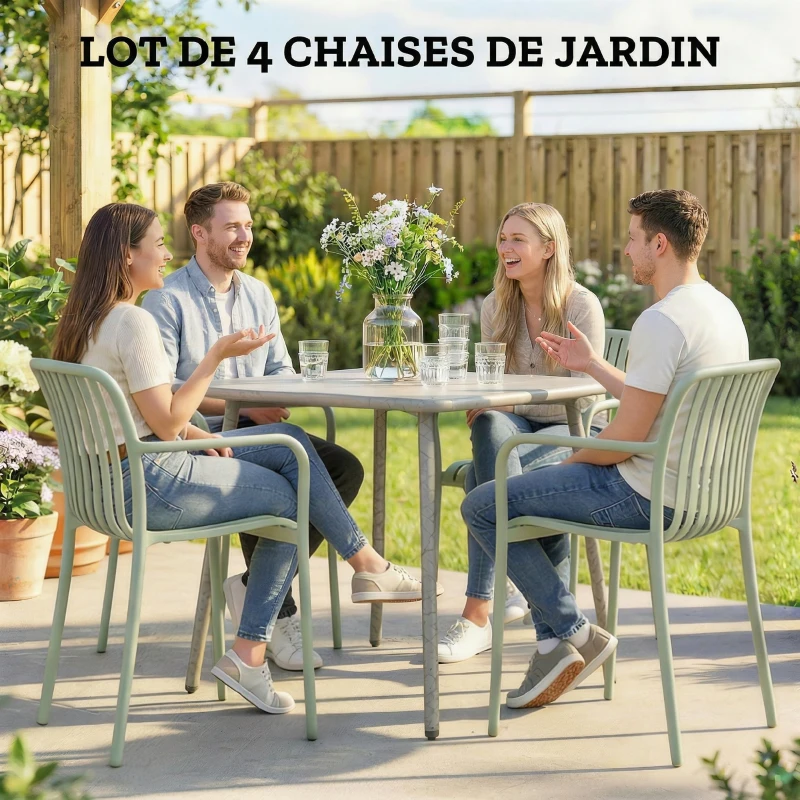 Outsunny Lot de 4 Chaises de Jardin Empilables en Polypropylène Anti-UV Accoudoirs et Dossier à Lattes Ergonomique Gris Vert