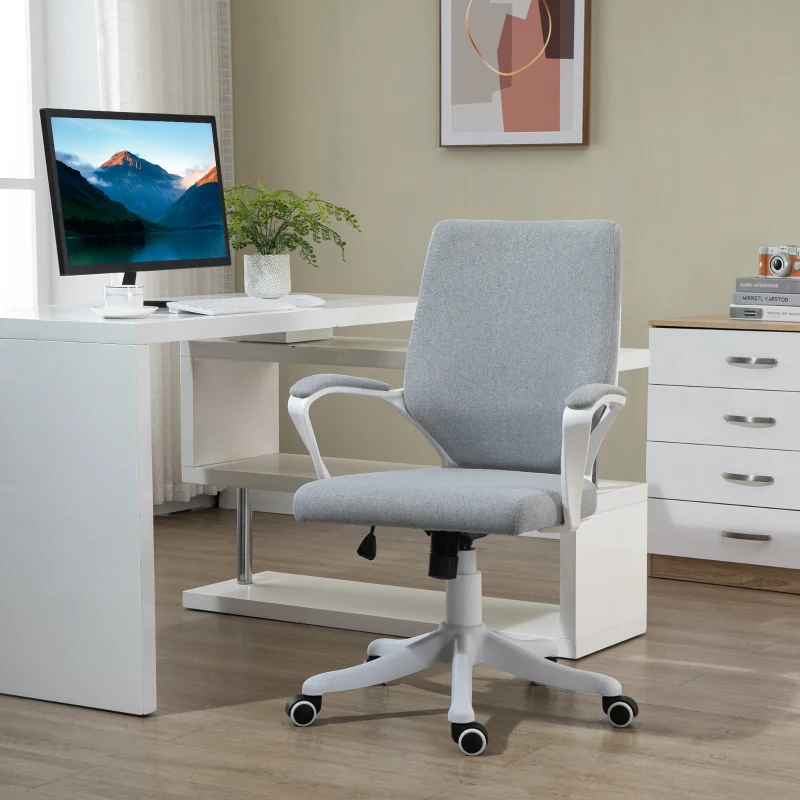 Vinsetto Sedia da Ufficio Ergonomica con Altezza Regolabile, Sedia Scrivania Imbottita Girevole 360° e Funzione Dondolo, in Tessuto effetto Lino Traspirante, per Studio, Grigio