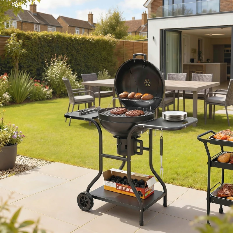 Outsunny Barbecue à charbon Rond avec couvercle Barbecue Rond Extérieur avec Thermomètre, 129 x 63,5 x 106,5 cm, Noir